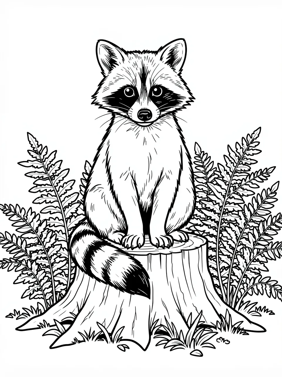 Black and white line art of a raccoon sitting on a tree stump surrounded by ferns