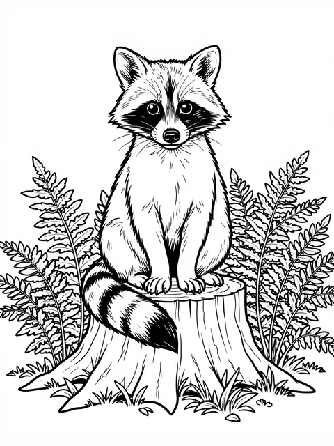 Black and white line art of a raccoon sitting on a tree stump surrounded by ferns