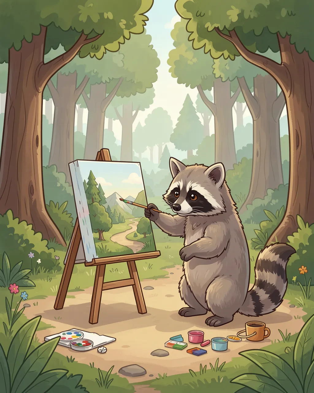 A cute illustrated raccoon paints a landscape on an easel in a sunlit forest clearing