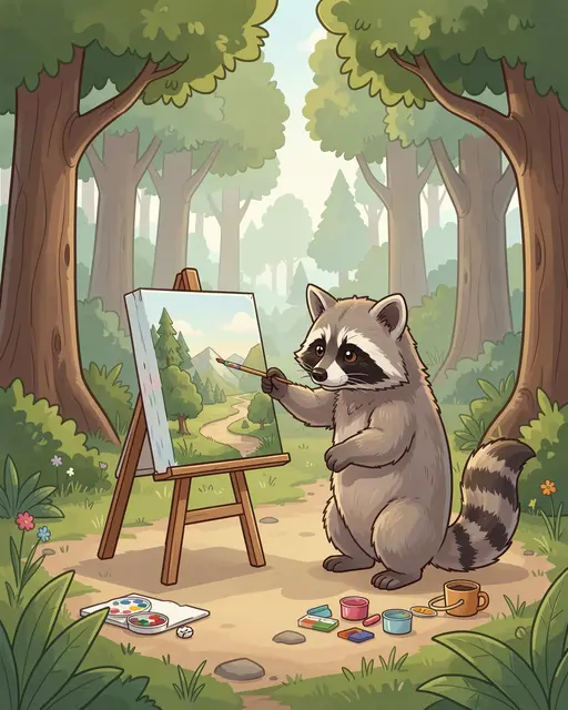 A cute illustrated raccoon paints a landscape on an easel in a sunlit forest clearing