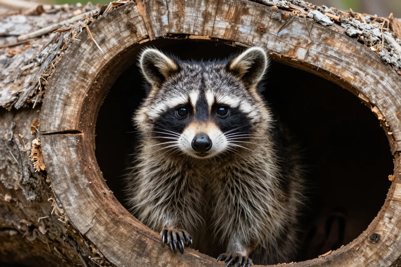 A raccoon looks directly at the camera while peeking out from the opening of a weathered hollow log.