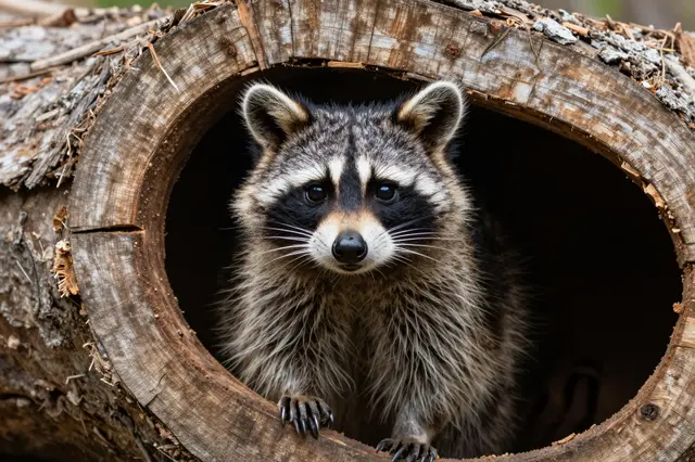 A raccoon looks directly at the camera while peeking out from the opening of a weathered hollow log.