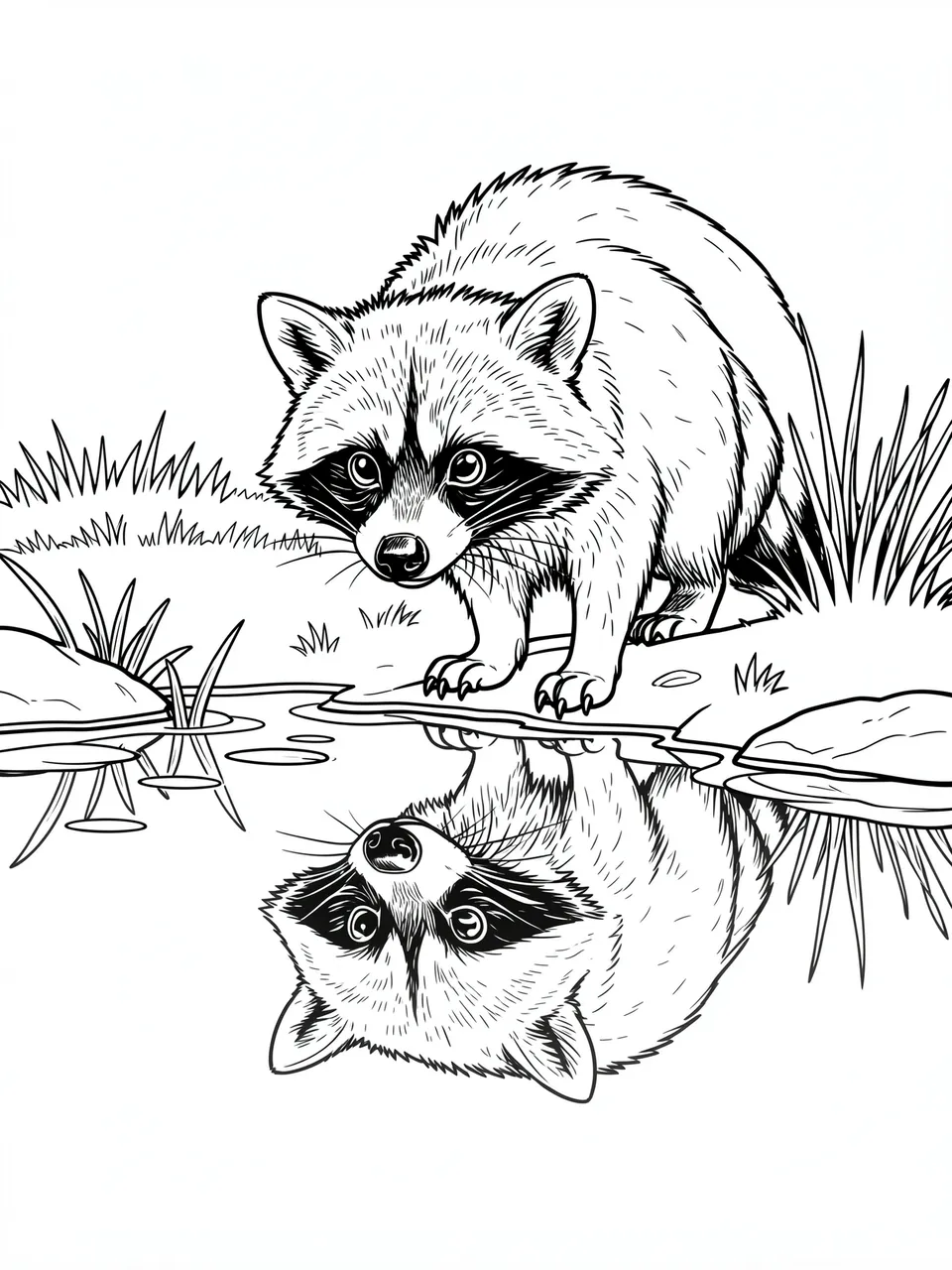 Black and white line art of a raccoon looking at its own reflection in a calm pond