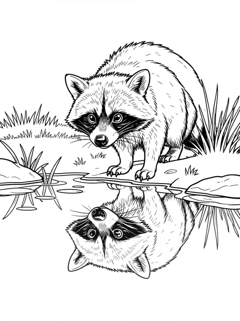 Black and white line art of a raccoon looking at its own reflection in a calm pond