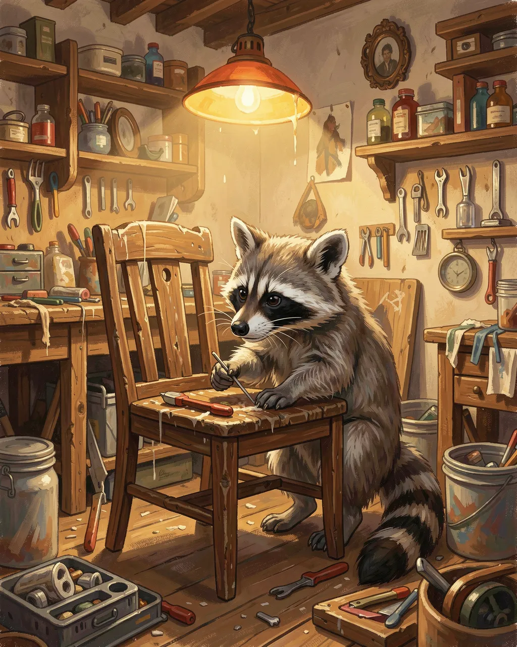 Gouache illustration of a raccoon repairing a wooden chair in a cozy cluttered workshop under warm hanging lamp light