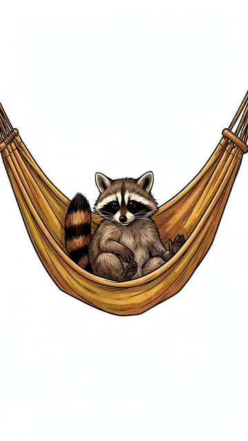 A friendly illustrated raccoon sits comfortably inside a golden fabric hammock against a plain white background