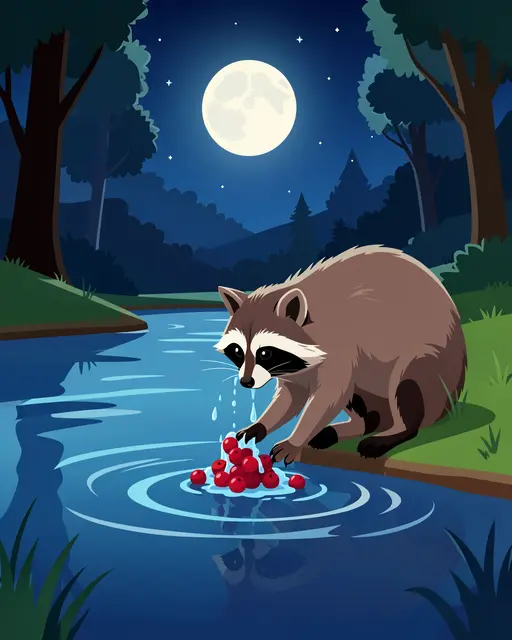A cartoon raccoon washes red berries at the edge of a calm forest creek under a bright full moon.