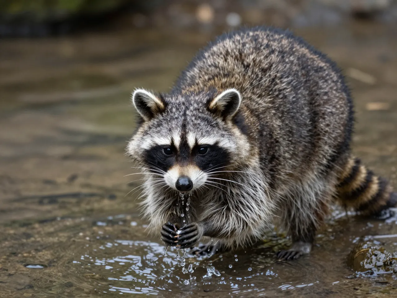 A raccoon stands in shallow stream water holding its wet paws as droplets fall between them.