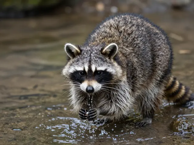 A raccoon stands in shallow stream water holding its wet paws as droplets fall between them.