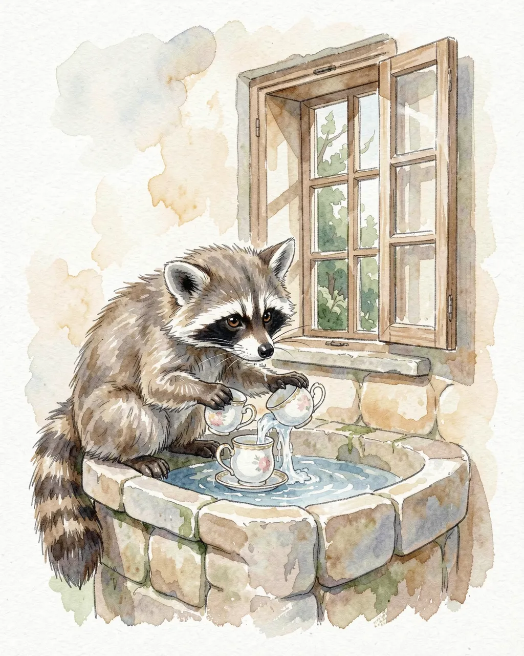 A soft watercolor raccoon washing floral teacups at a stone sink beside an open cottage window