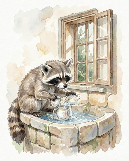A soft watercolor raccoon washing floral teacups at a stone sink beside an open cottage window