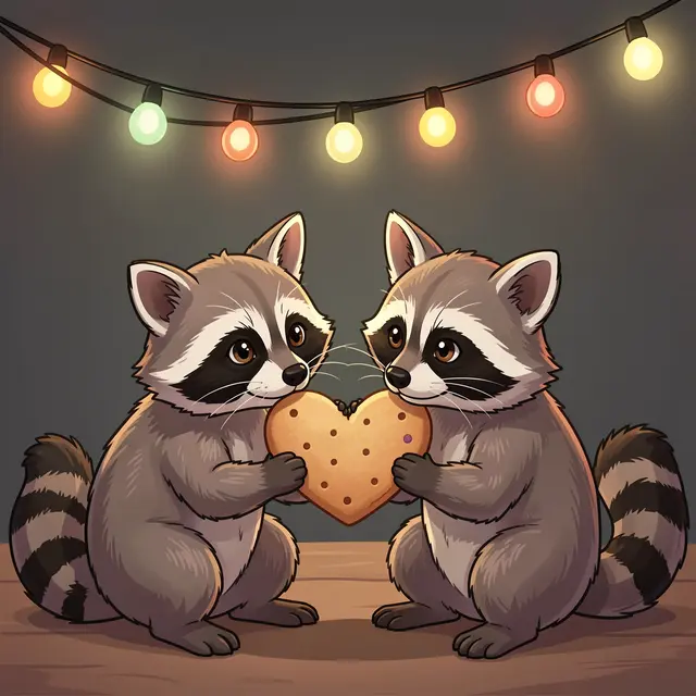 Two cartoon raccoons hold a heart-shaped cookie together under glowing string lights