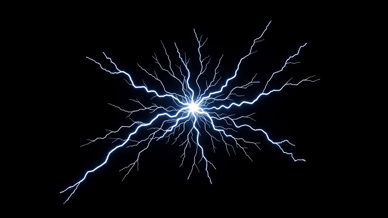 Bright jagged blue and white electric sparks radiate outward from a central point on a pure black background
