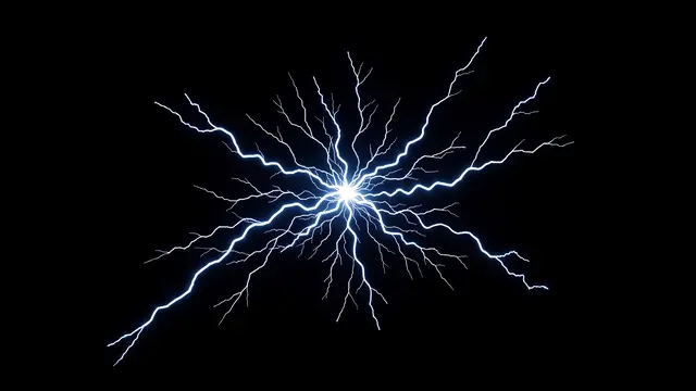 Bright jagged blue and white electric sparks radiate outward from a central point on a pure black background