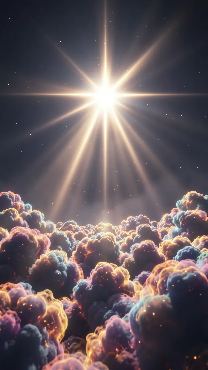 A brilliant bright star with radiating light rays rises above a field of glowing colorful cosmic gas clouds