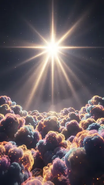 A brilliant bright star with radiating light rays rises above a field of glowing colorful cosmic gas clouds