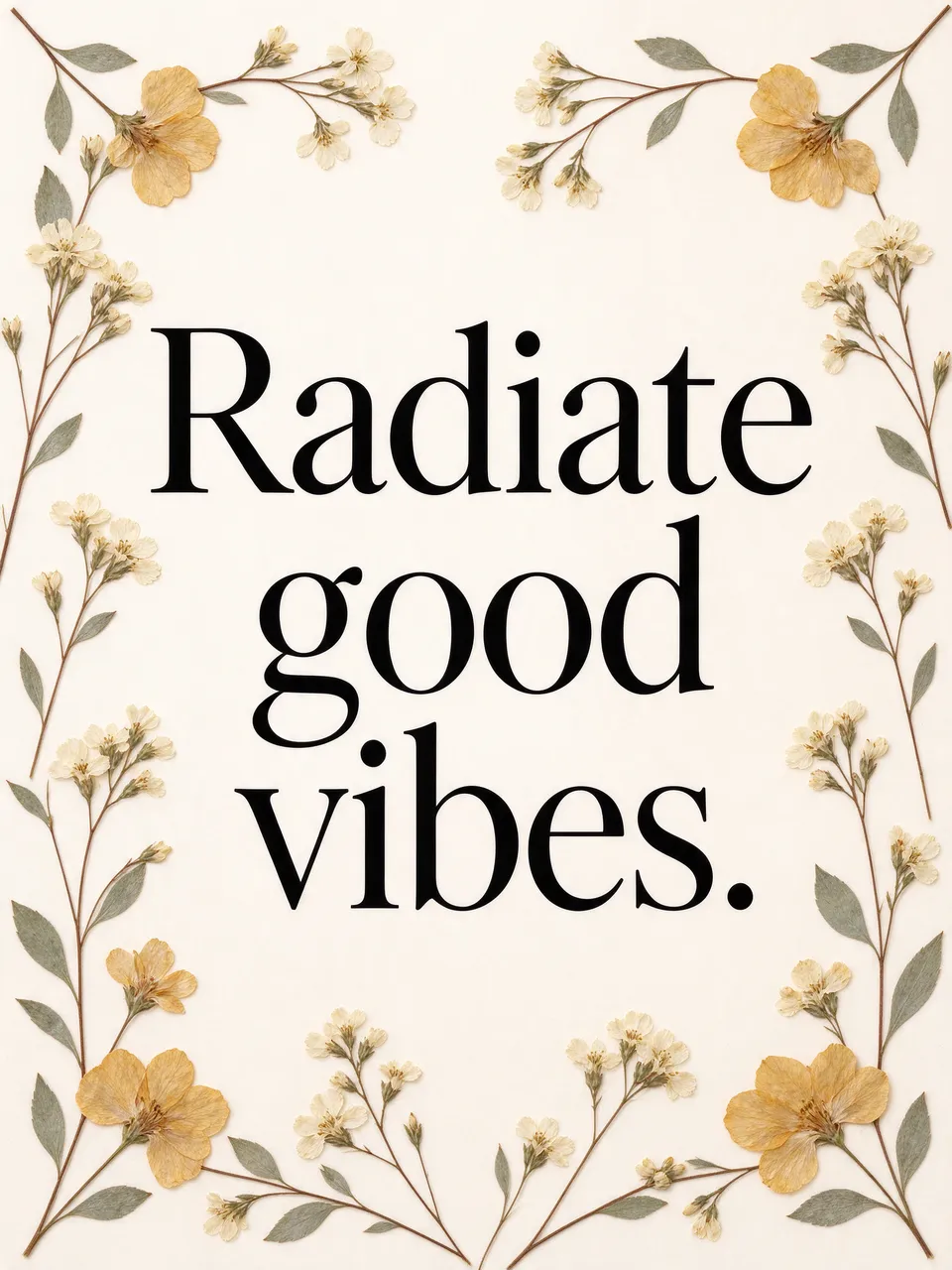 The text "Radiate good vibes." in black serif type is framed by delicate pressed flowers on a cream background