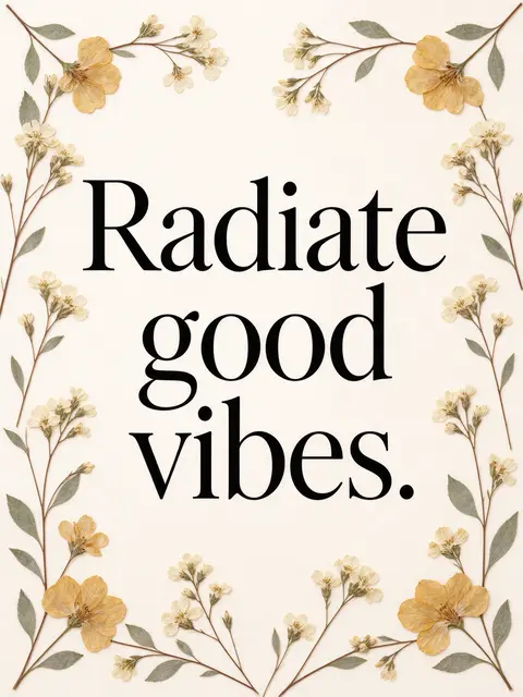The text "Radiate good vibes." in black serif type is framed by delicate pressed flowers on a cream background