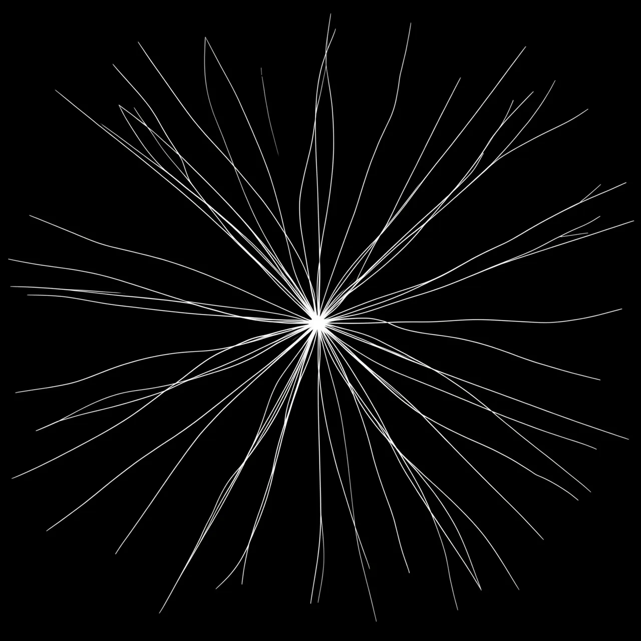 Thin bright white filaments radiate outward from a central point against a pure black background