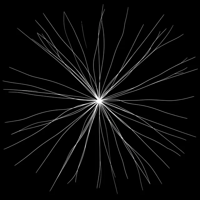 Thin bright white filaments radiate outward from a central point against a pure black background