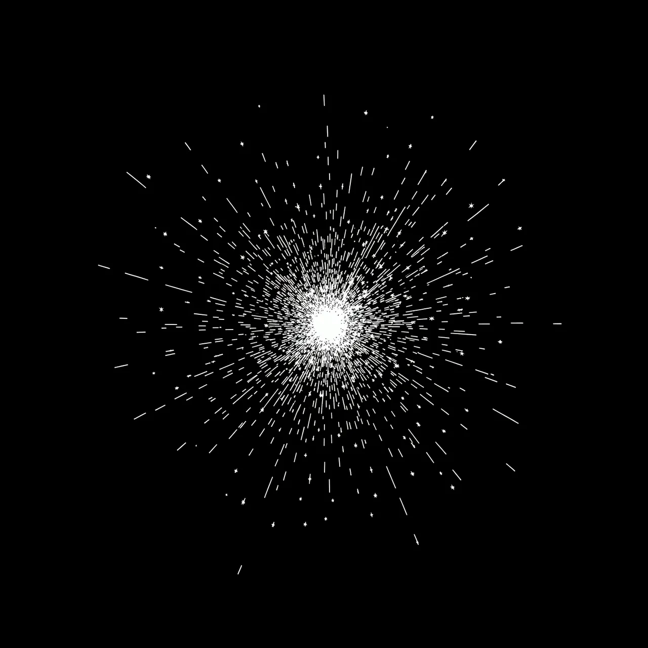 A radial burst of tiny white sparks radiates outward from a bright central point on a pure black background