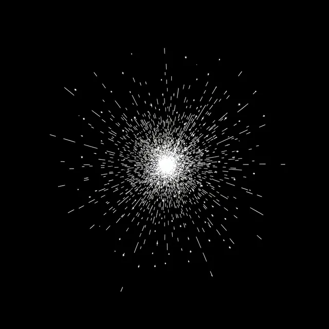 A radial burst of tiny white sparks radiates outward from a bright central point on a pure black background