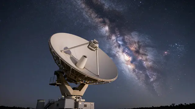 A large radio telescope dish points toward the glowing Milky Way band in a dark night sky