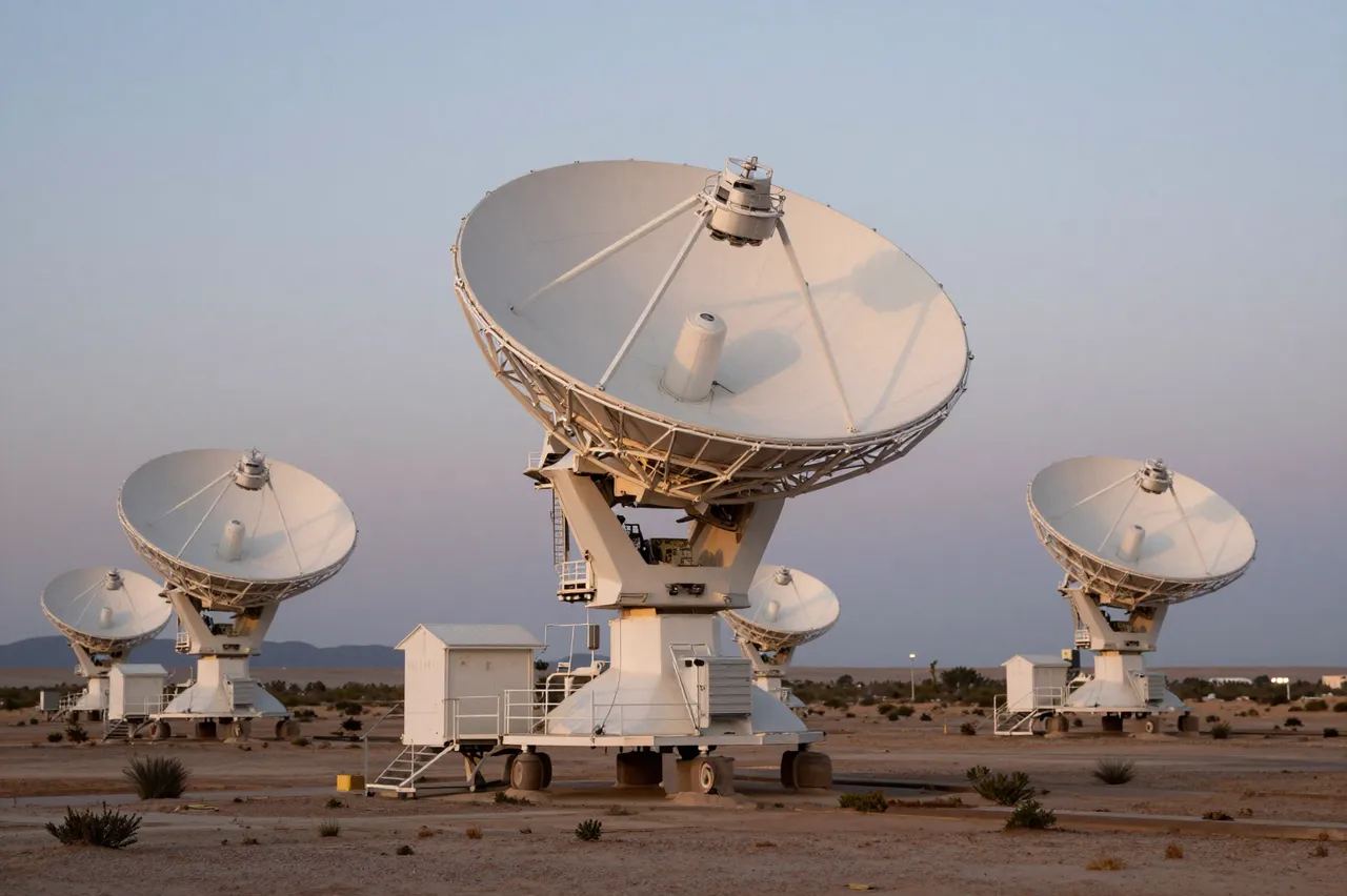 Array of white radio telescope dishes arranged across an arid desert plain at soft dusk