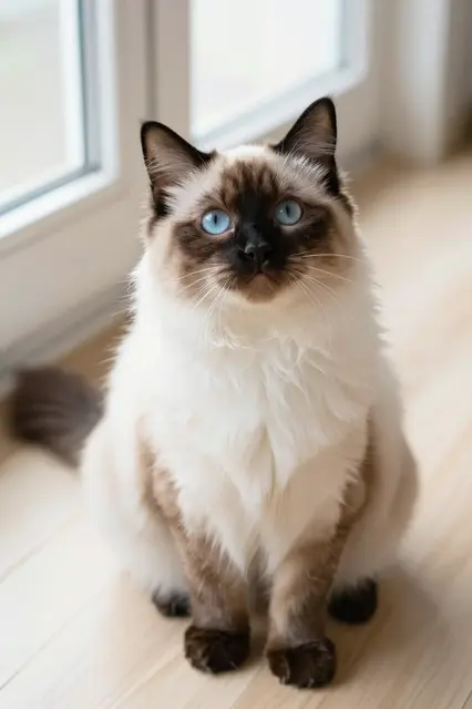A fluffy seal point ragdoll cat with bright blue eyes sits on a light wooden floor looking up toward the camera near a