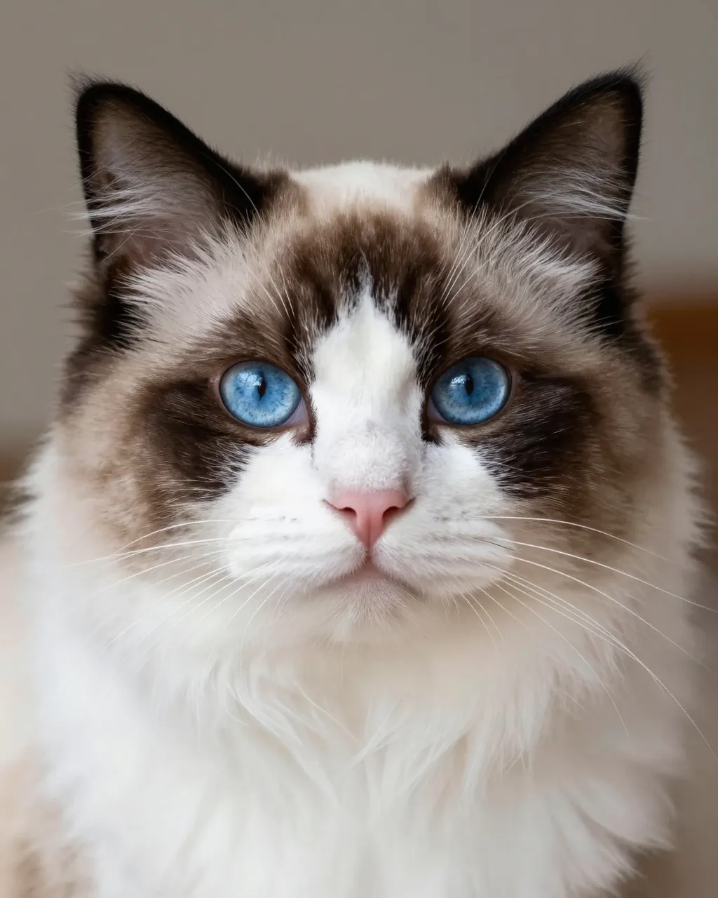 Close-up head portrait of a bicolor ragdoll cat with bright blue eyes looking directly at the camera