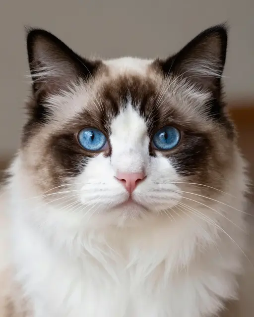 Close-up head portrait of a bicolor ragdoll cat with bright blue eyes looking directly at the camera