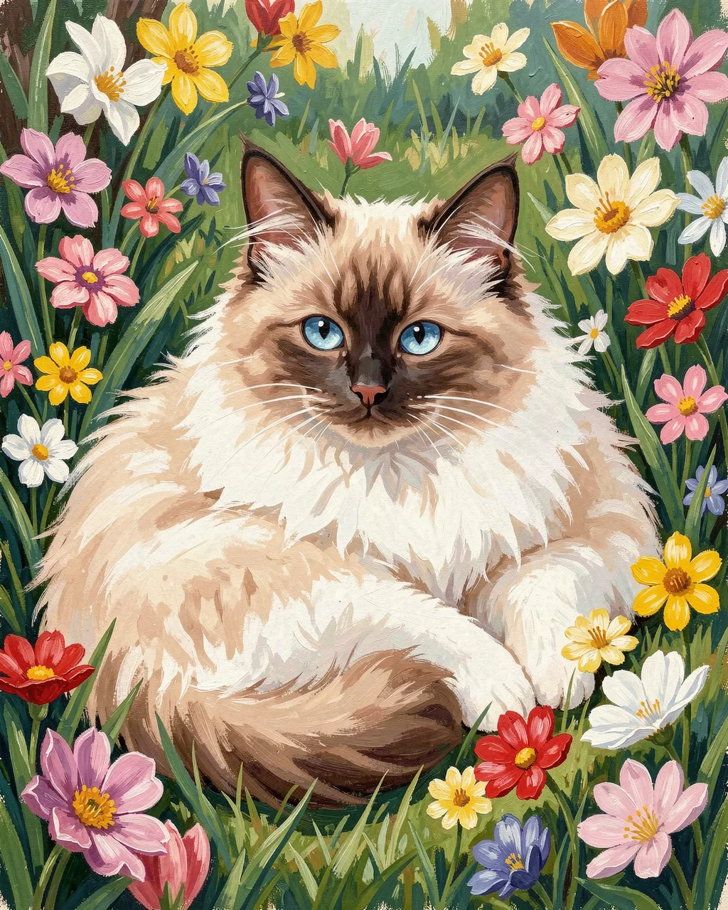 Gouache illustration of a blue-eyed Ragdoll cat lounging surrounded by colorful spring garden flowers