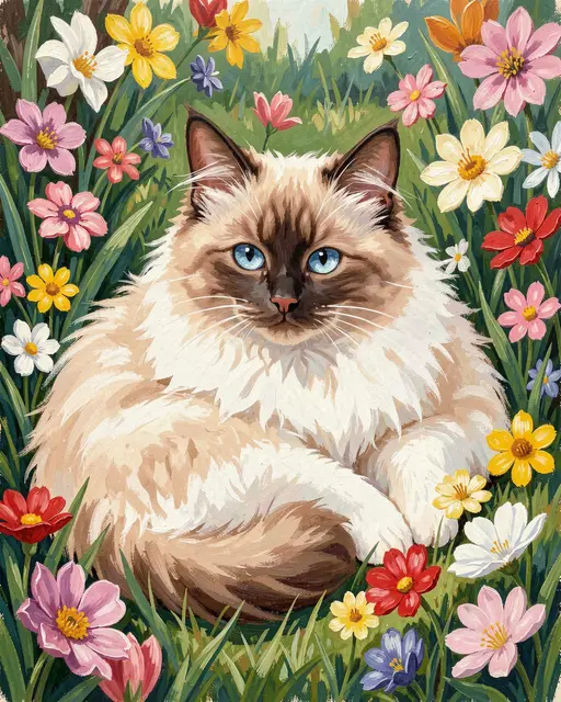 Gouache illustration of a blue-eyed Ragdoll cat lounging surrounded by colorful spring garden flowers