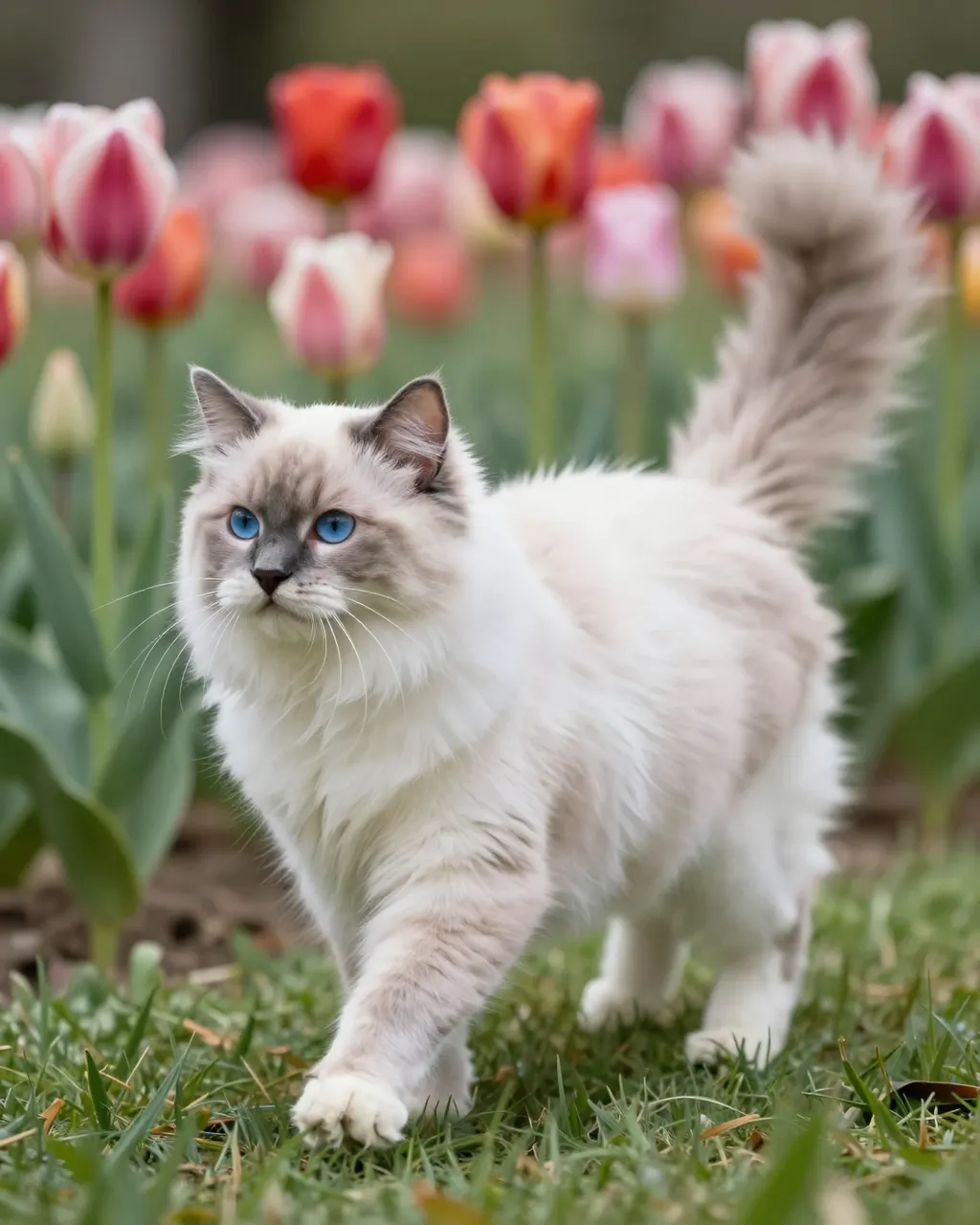 A blue-eyed gray-point Ragdoll cat walks through a bed of colorful spring tulips on grass.