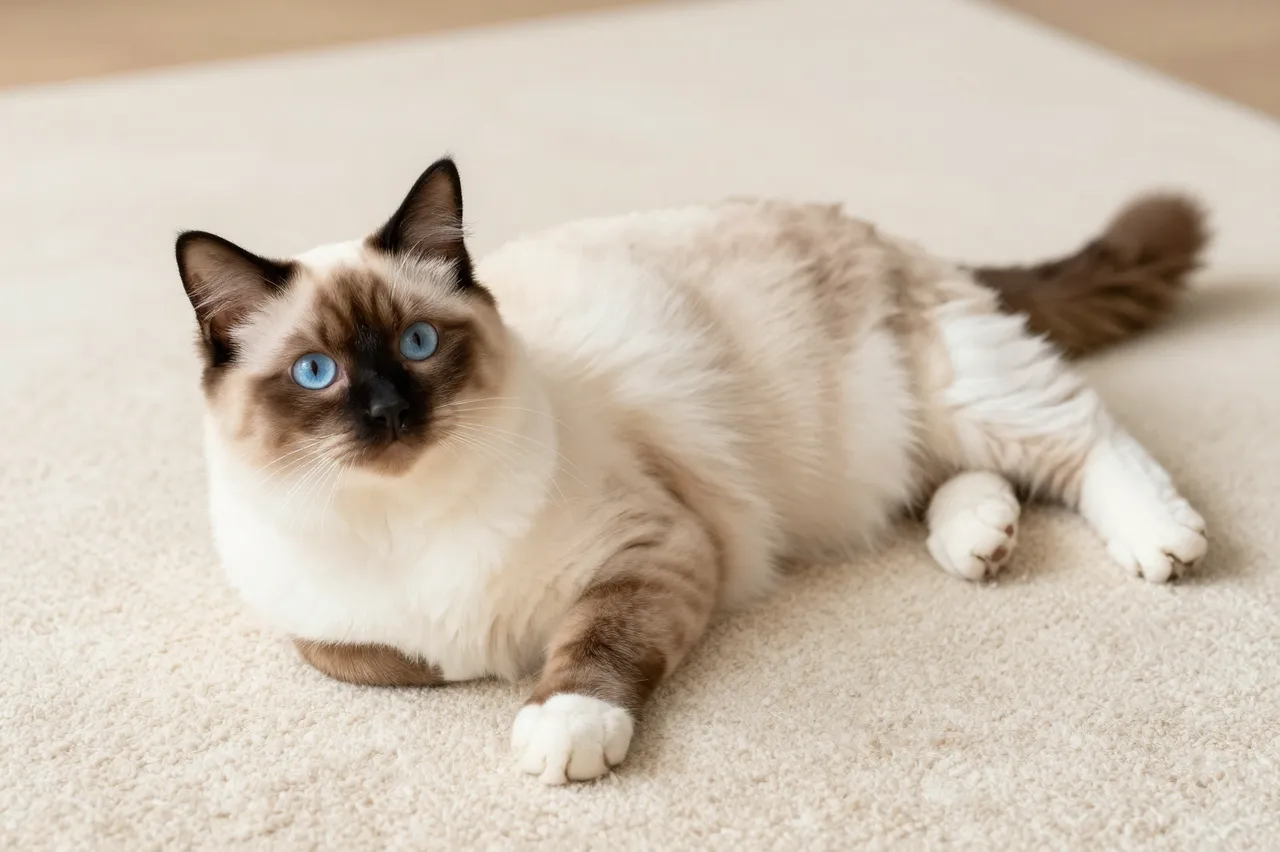 A fluffy seal-point ragdoll cat with bright blue eyes lies relaxed on a soft cream carpet looking toward the camera.