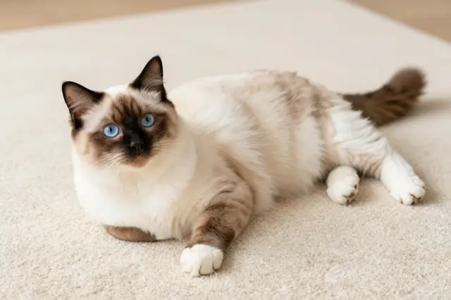 A fluffy seal-point ragdoll cat with bright blue eyes lies relaxed on a soft cream carpet looking toward the camera.
