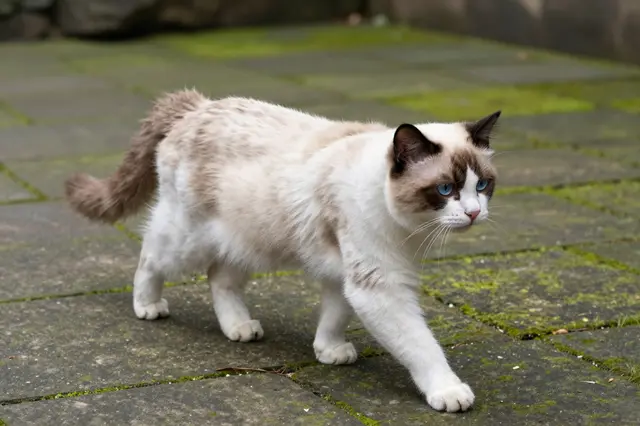 A fluffy seal-point ragdoll cat walks slowly across a moss-covered stone patio
