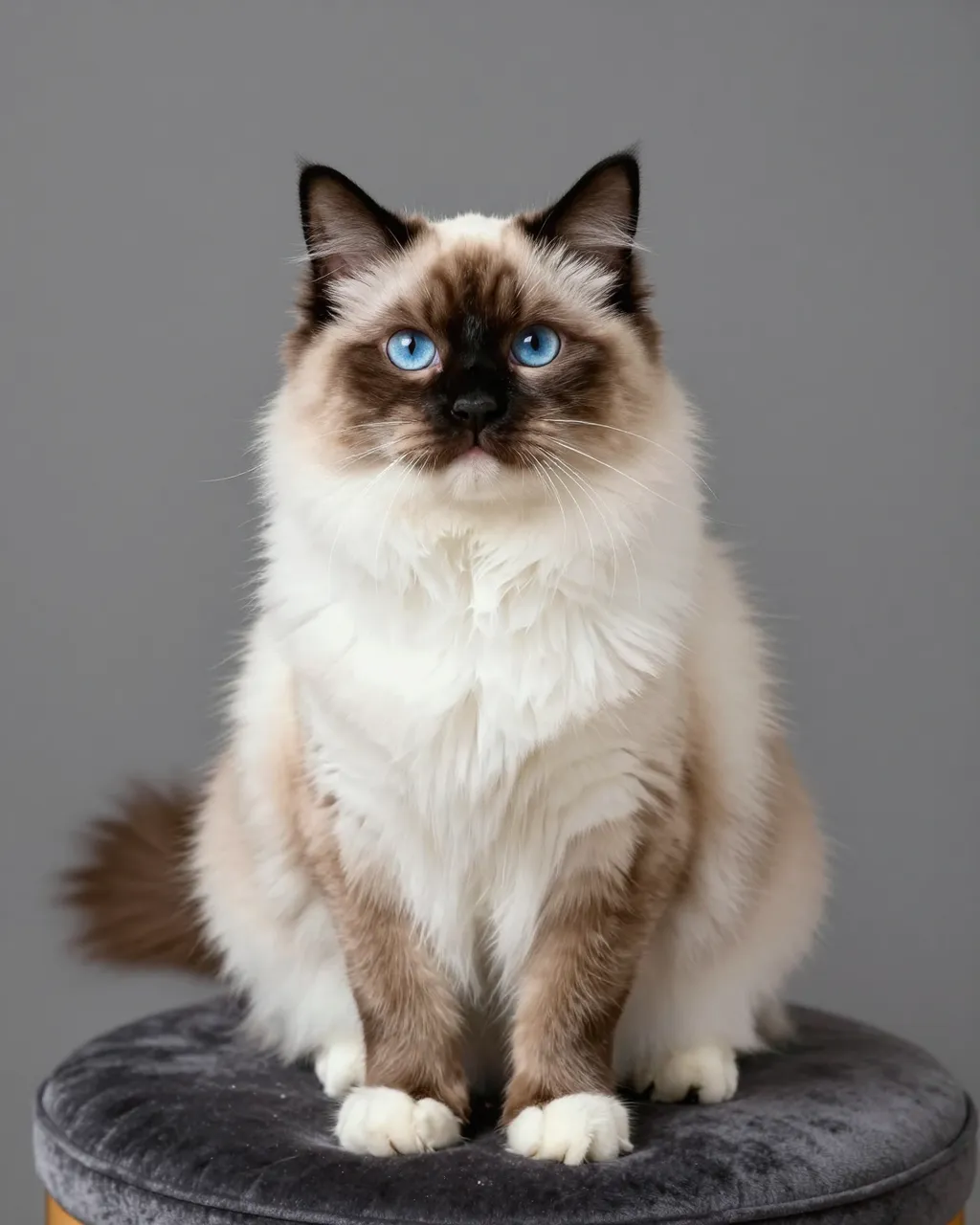 A fluffy Ragdoll cat with bright blue eyes sits upright on a dark gray velvet ottoman against a plain gray background.