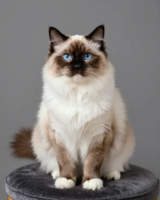 A fluffy Ragdoll cat with bright blue eyes sits upright on a dark gray velvet ottoman against a plain gray background.