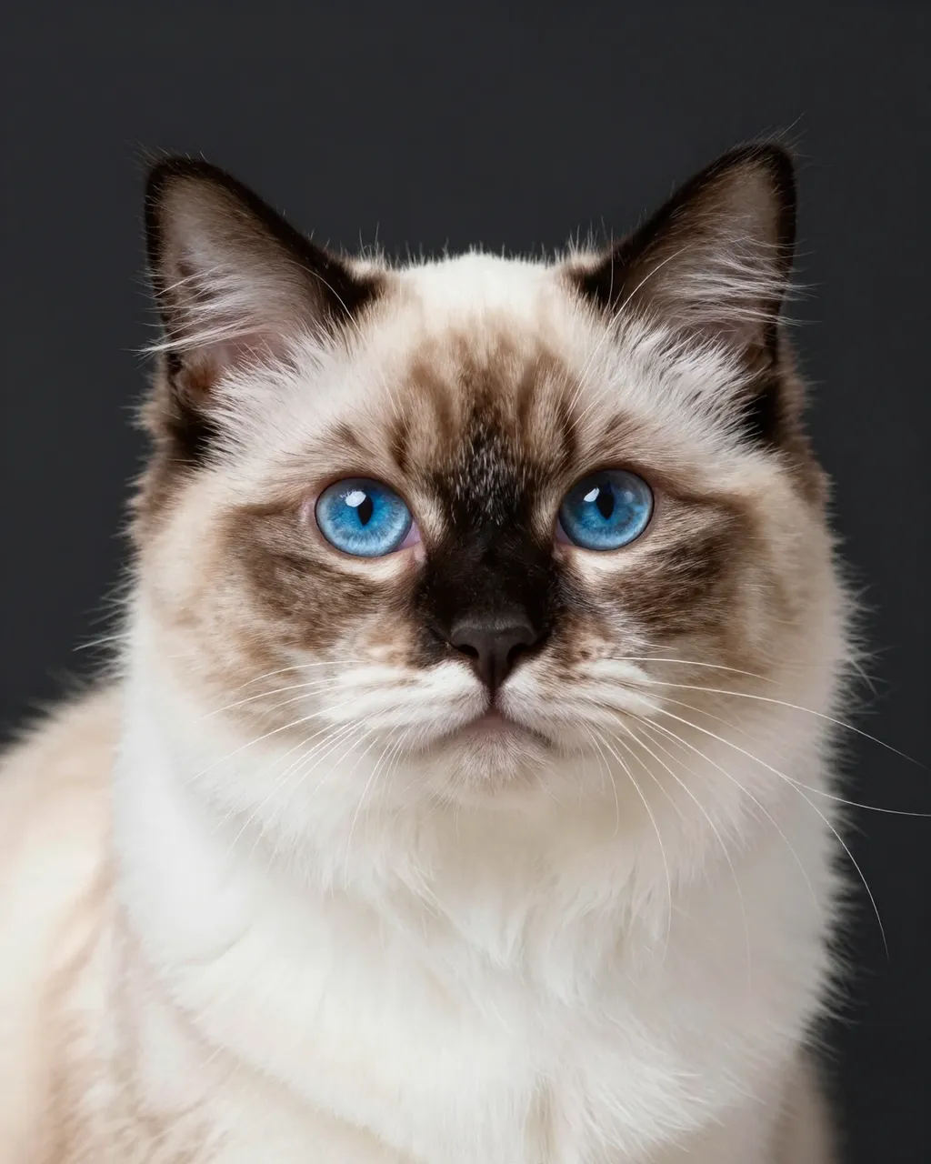 Close-up portrait of a ragdoll cat with bright blue eyes against a dark gray background