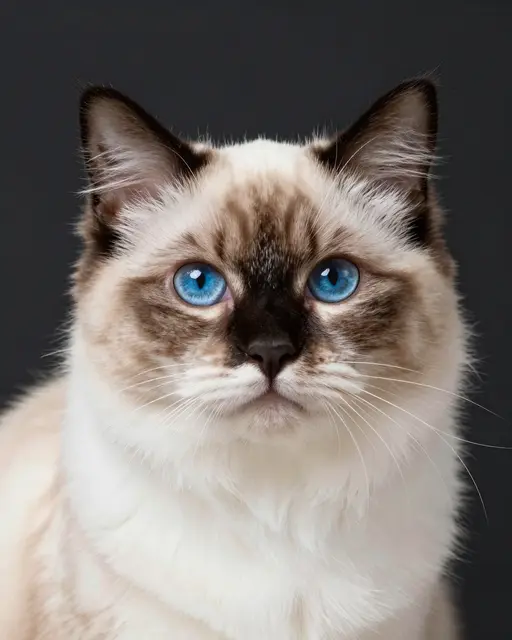 Close-up portrait of a ragdoll cat with bright blue eyes against a dark gray background