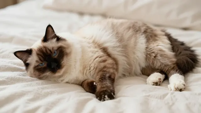 A fluffy ragdoll cat with dark brown points lies relaxed on soft cream bed linens in gentle morning light