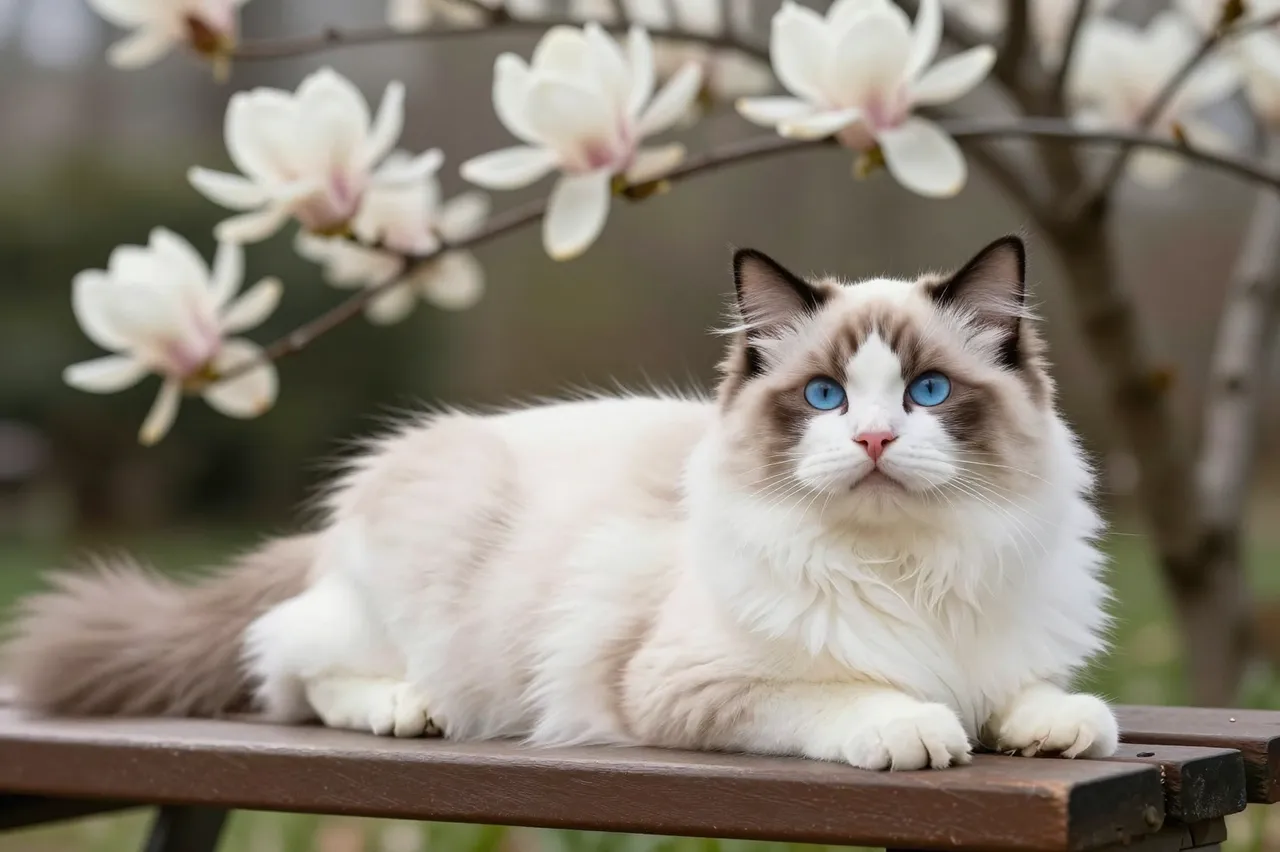 Long-coated ragdoll cat with bright blue eyes lies on a wooden garden bench beneath flowering magnolia branches