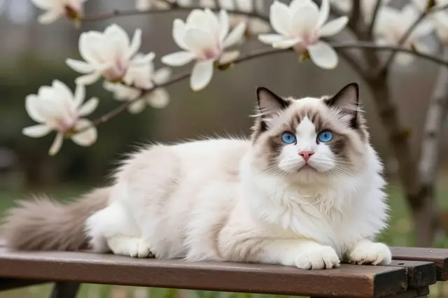 Long-coated ragdoll cat with bright blue eyes lies on a wooden garden bench beneath flowering magnolia branches