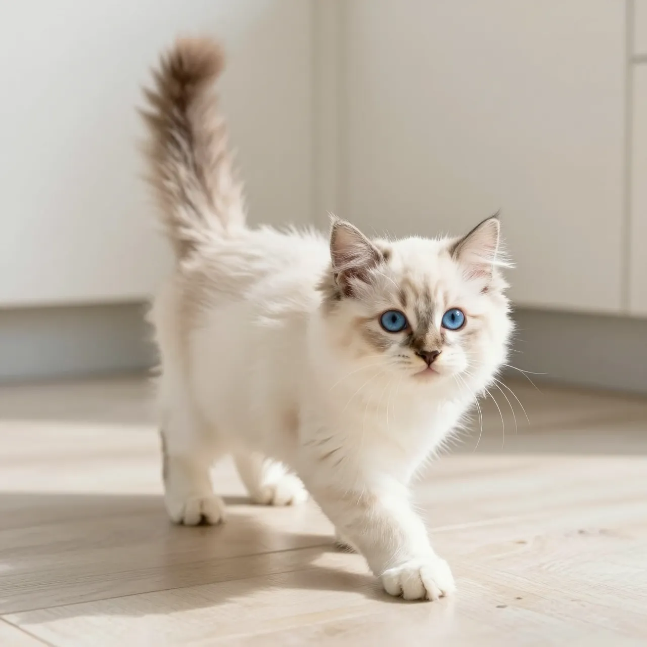 Fluffy Ragdoll kitten with bright blue eyes walks across a sunlit light wood kitchen floor with its tail raised.