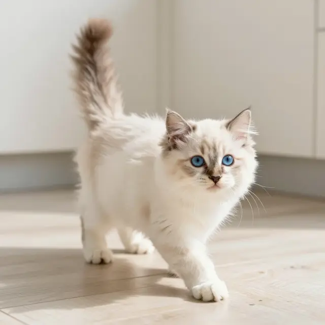 Fluffy Ragdoll kitten with bright blue eyes walks across a sunlit light wood kitchen floor with its tail raised.