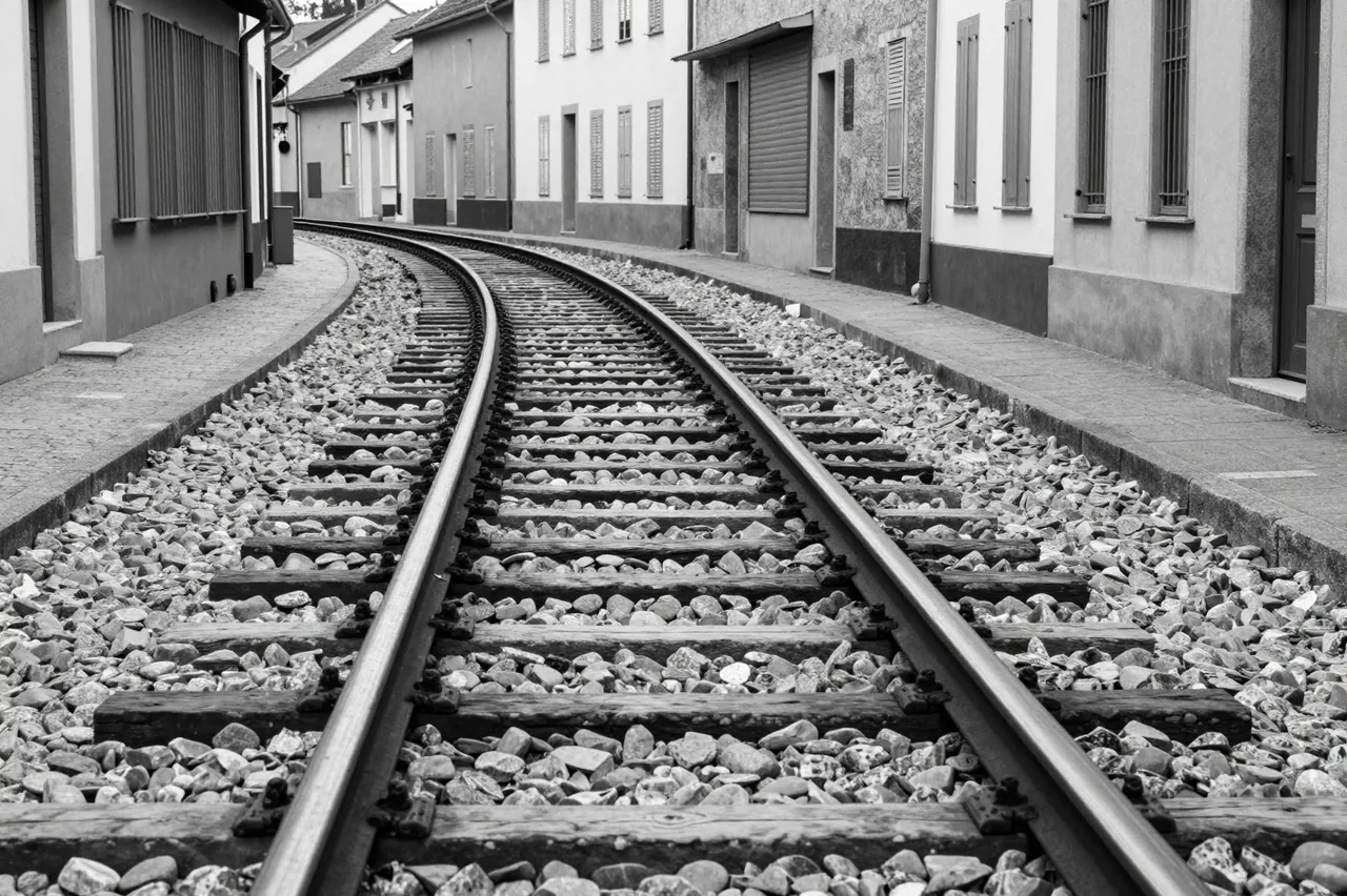 Black and white low angle view of curved railway tracks running between shuttered town buildings