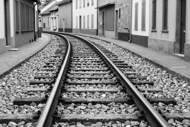 Black and white low angle view of curved railway tracks running between shuttered town buildings