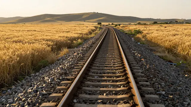 Railway tracks stretch through a ripe golden wheat field toward rolling low hills at warm sunset