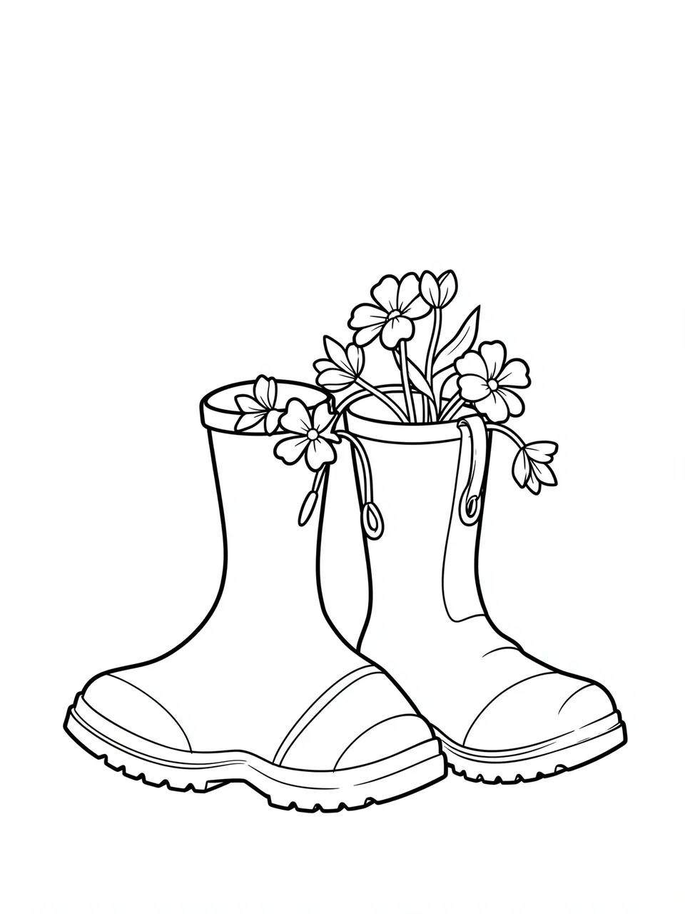 Black and white line drawing of two rain boots holding growing flowers on a plain white background